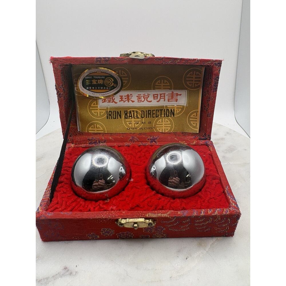 Vintage Chinese Baoding Silver Tone Chime Balls 44.45 mm ea in Embroidered Box